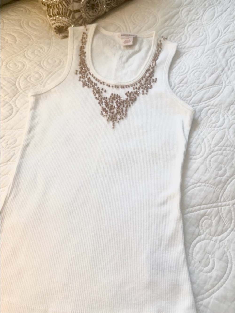 Guess White Ribbed Tank with Wood&Gold Bead Embellishment